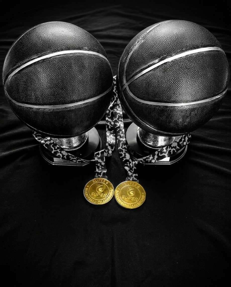 Two black basketball trophies with Super6 championship medals.