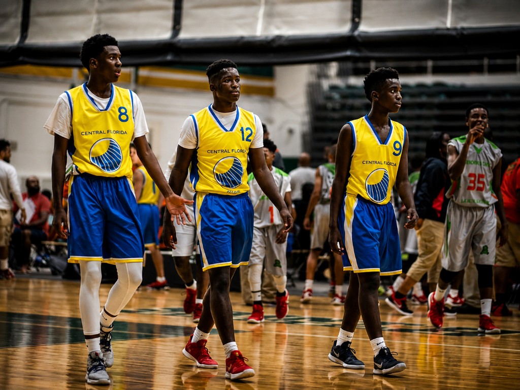 Three basketball athletes in matching team uniforms walking across the court at a Super6 event