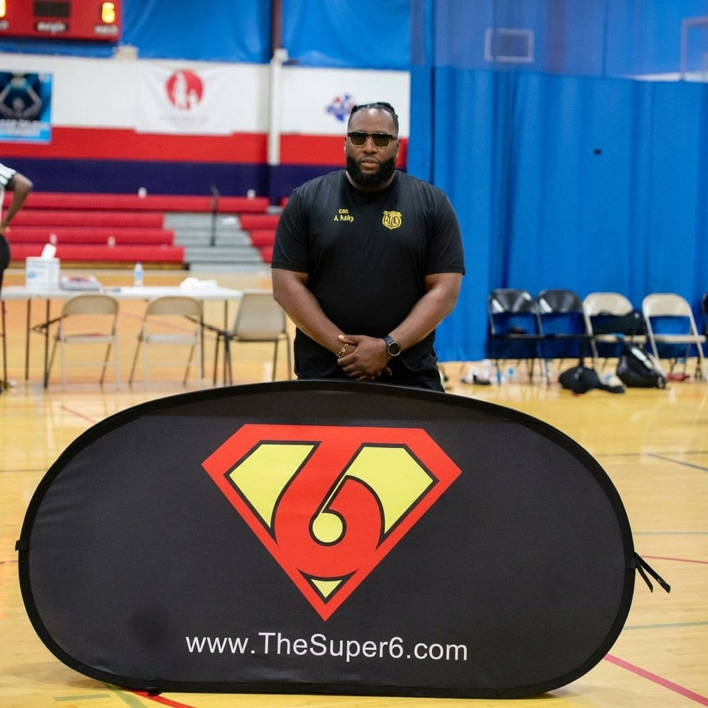 Coach in front of Super6 Series LLC brand wall