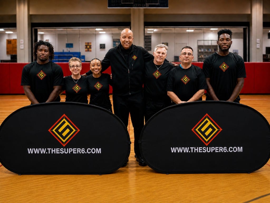 Super6 Series LLC team on the basketball court with branded banners