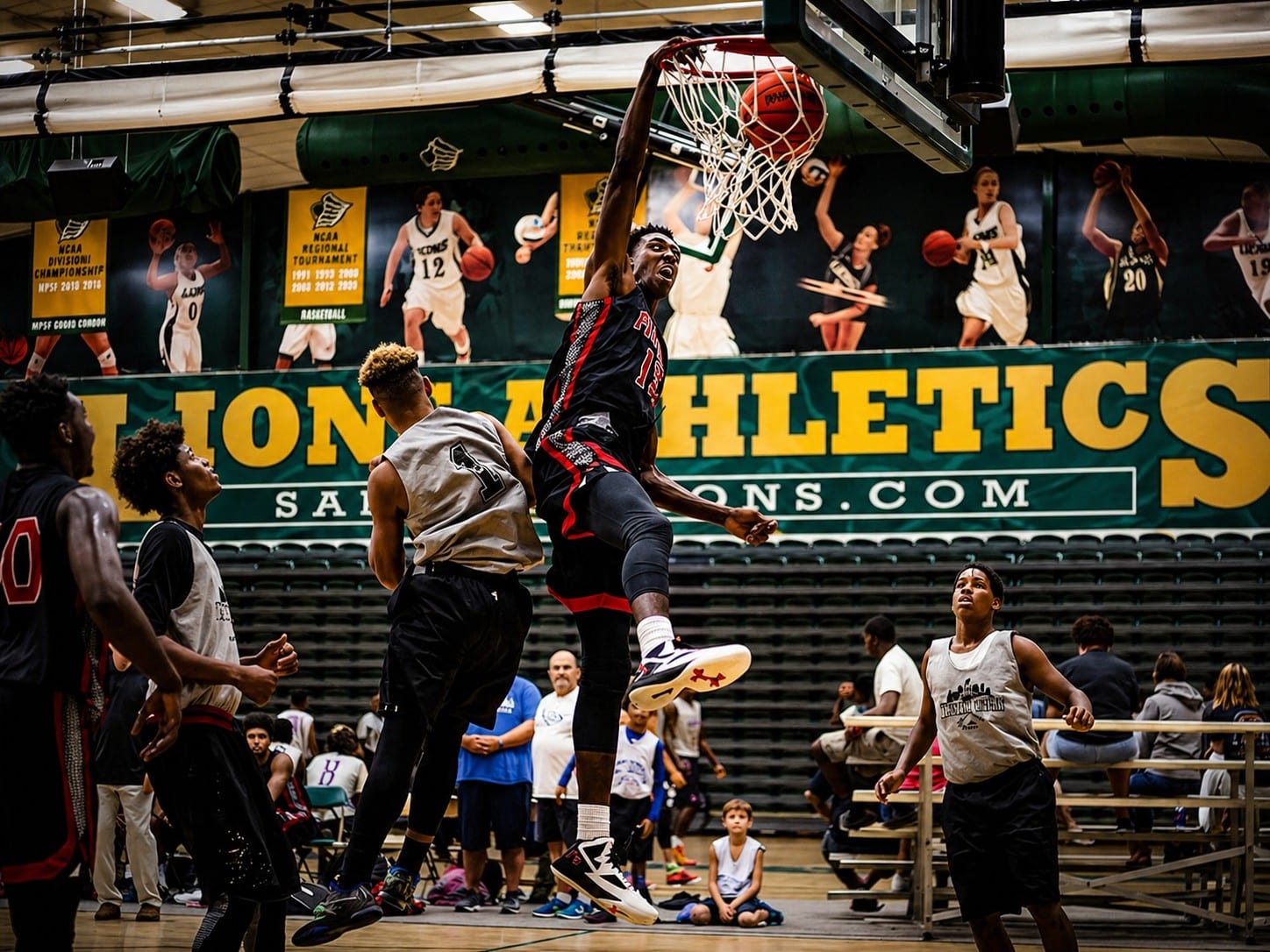 Super6 Series LLC player throwing down a dunk during tournament play at Lions Athletics arena