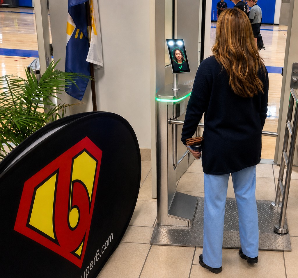 Guest at a Super6 entrance turnstile with on-screen verification; gym floor visible beyond the lane.