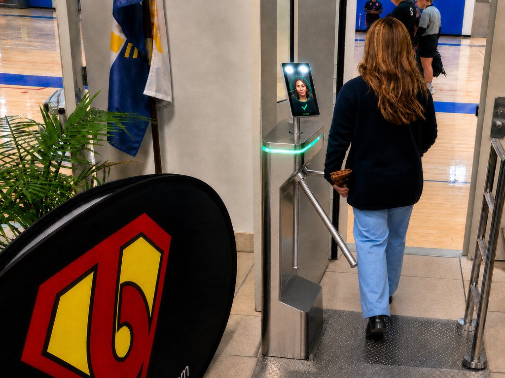 Guest passing through a Super6 turnstile with verified face match on screen; basketball court beyond the entrance.